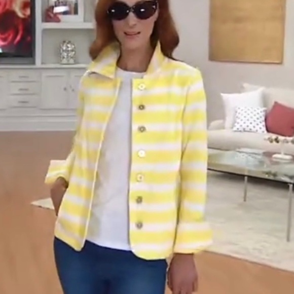 Isaac Mizrahi Striped Button Front Knit Jacket Yellow SZ M - Picture 1 of 16